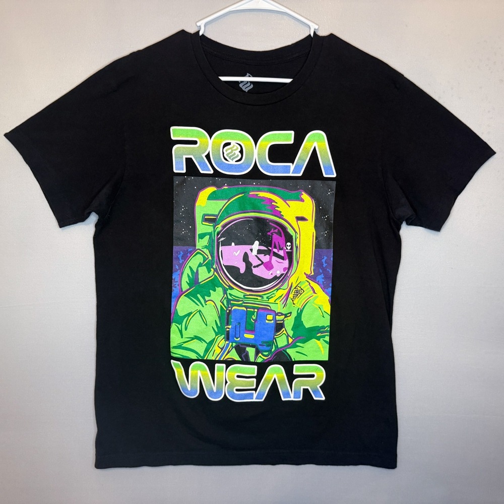 Rocawear Astronaut Graphic T-Shirt Large Black Neon Space Y2K Hip Hop Streetwear